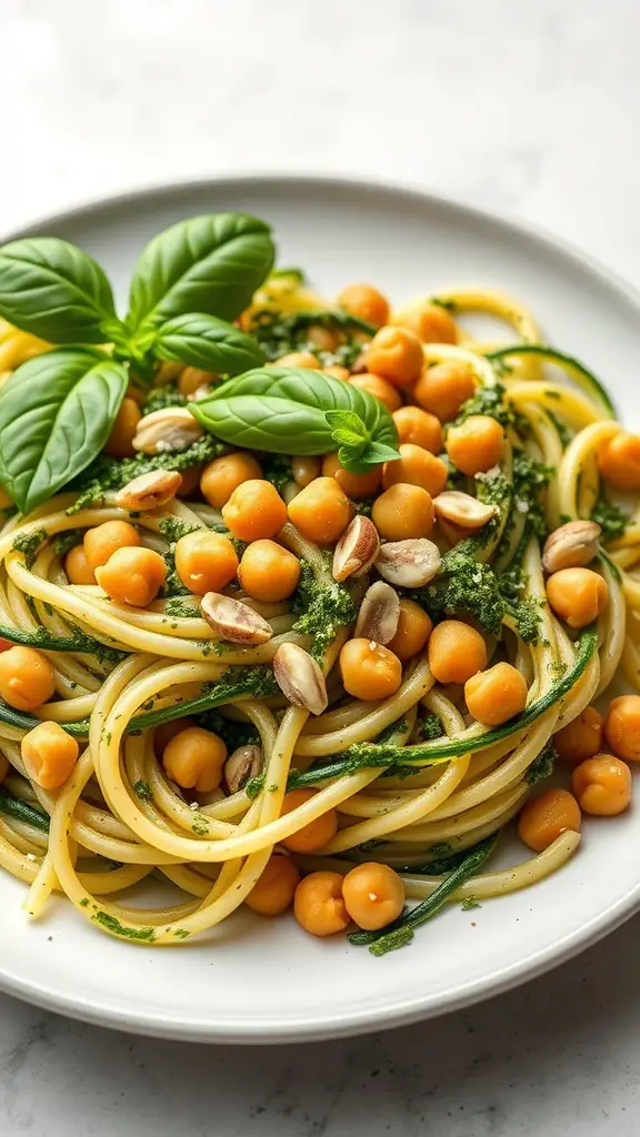 A plate of zucchini noodles topped with pesto and chickpeas, garnished with fresh basil leaves.