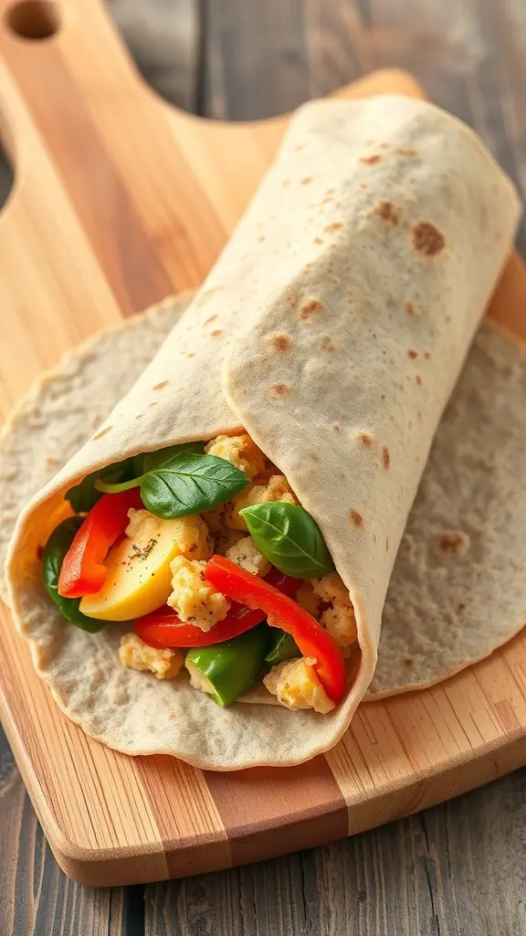 A delicious egg and veggie breakfast wrap on a wooden cutting board.