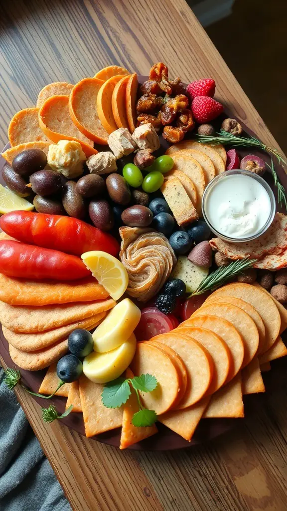 A colorful and elegantly arranged sandwich charcuterie board featuring various meats, cheeses, fruits, and nuts.
