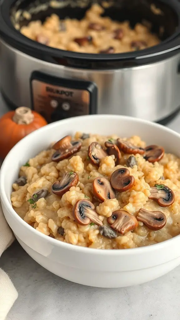 A bowl of creamy mushroom risotto with sautéed mushrooms on top, next to a crockpot.