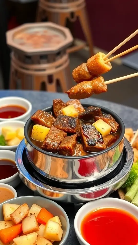 A bowl of teriyaki beef fondue with pineapple, surrounded by various dipping sauces and side dishes.