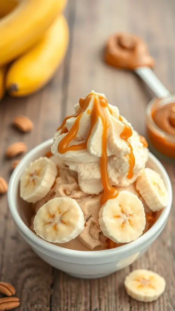 A bowl of Peanut Butter Banana Ice Cream topped with banana slices and caramel drizzle