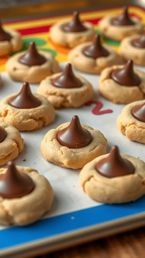 Vegan peanut butter blossoms with chocolate kisses on top