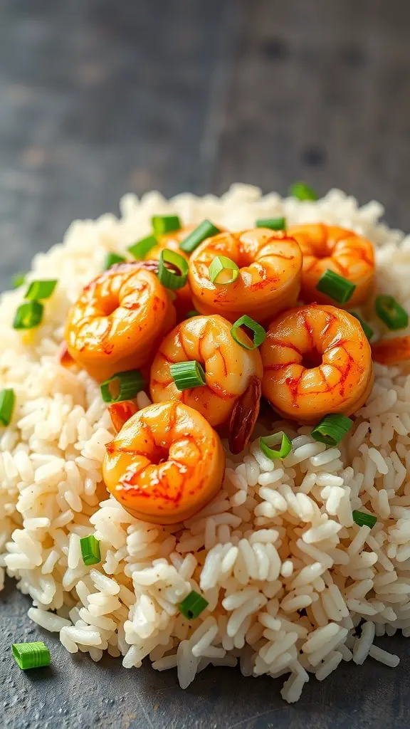 A plate of honey garlic shrimp served over rice, garnished with green onions.