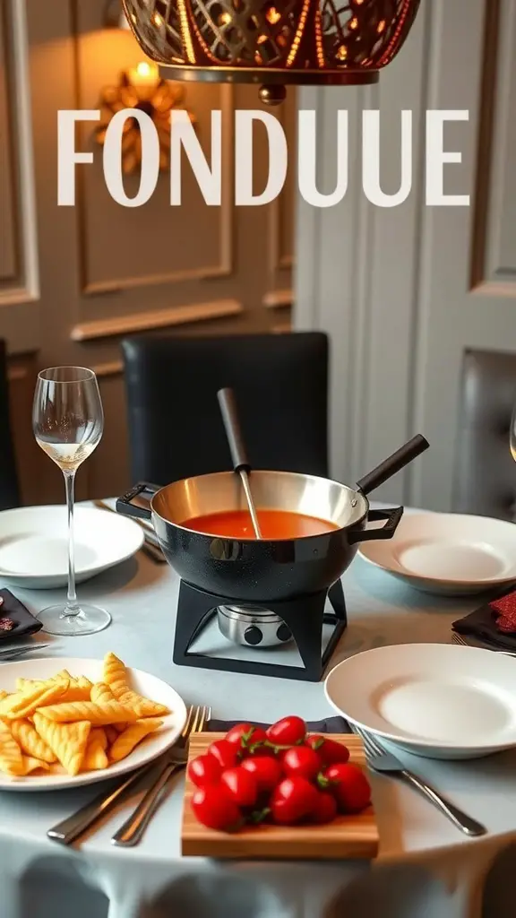 A beautifully set table for a fondue dinner party with cheese fondue, dippers, and wine.