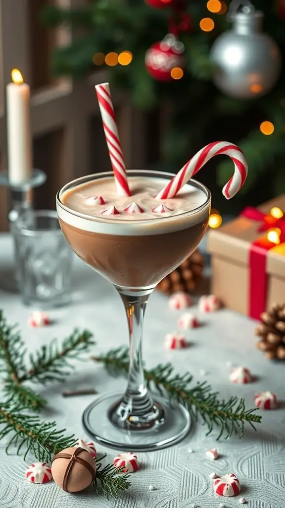 A Chocolate Peppermint White Russian cocktail with peppermint candy garnishes, set against a festive holiday backdrop.