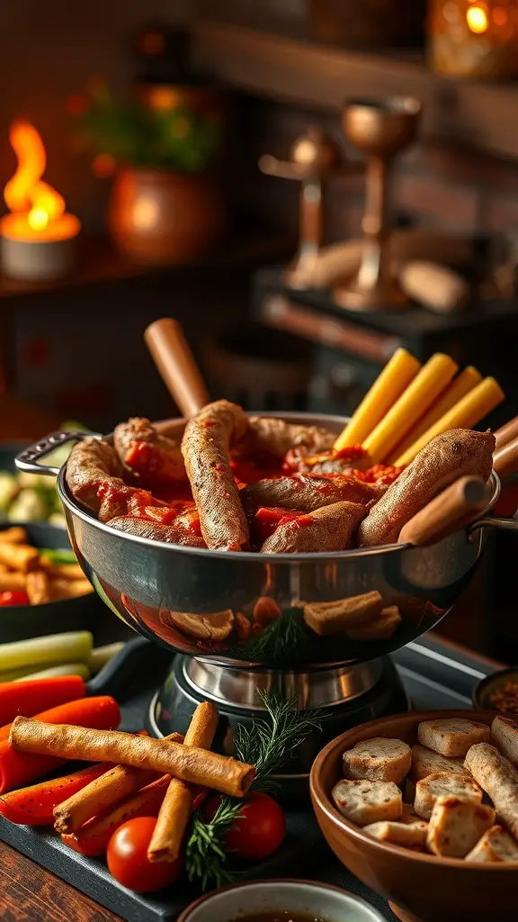 A pot of smoky chipotle oil fondue surrounded by sausages, vegetables, and breadsticks.