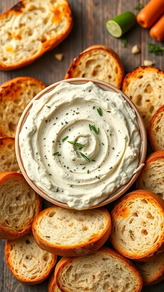 Creamy crab dip served in a bowl surrounded by toasted baguette slices
