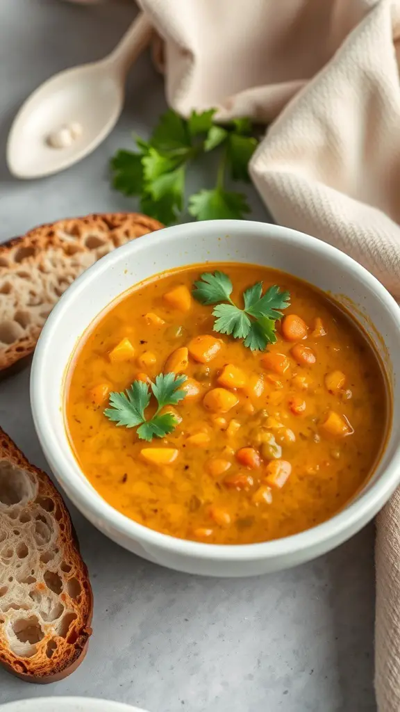 A bowl of Coconut Curry Lentil Soup garnished with cilantro, alongside slices of bread.