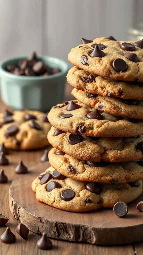 A stack of double chocolate chip cookies with chocolate chips scattered around.
