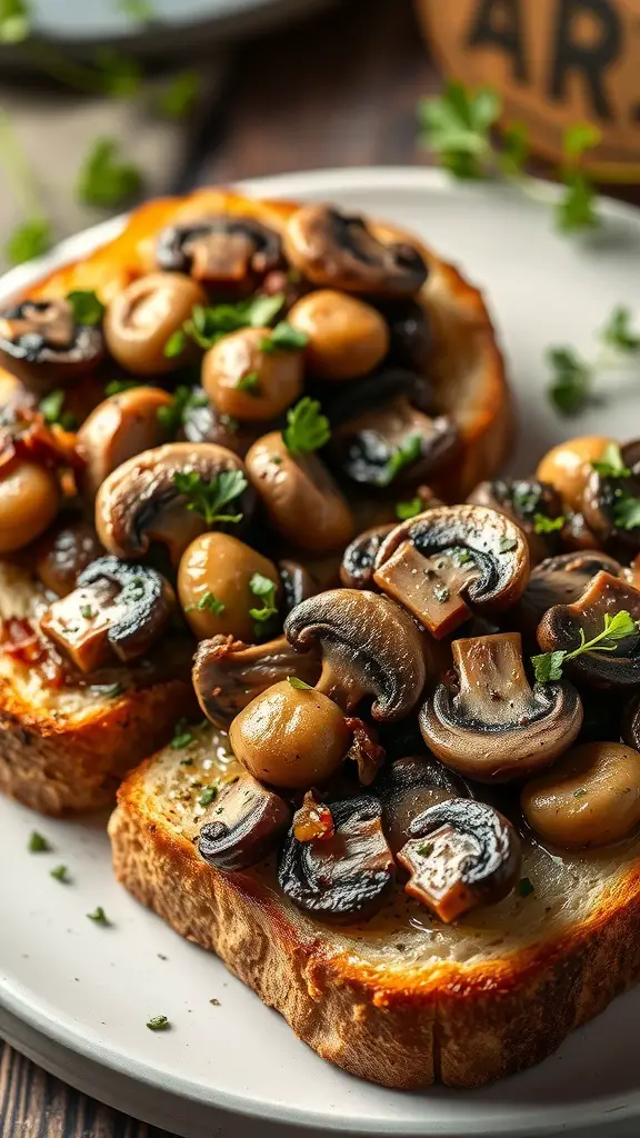 Toasted bread topped with sautéed mushrooms and garlic, garnished with herbs.