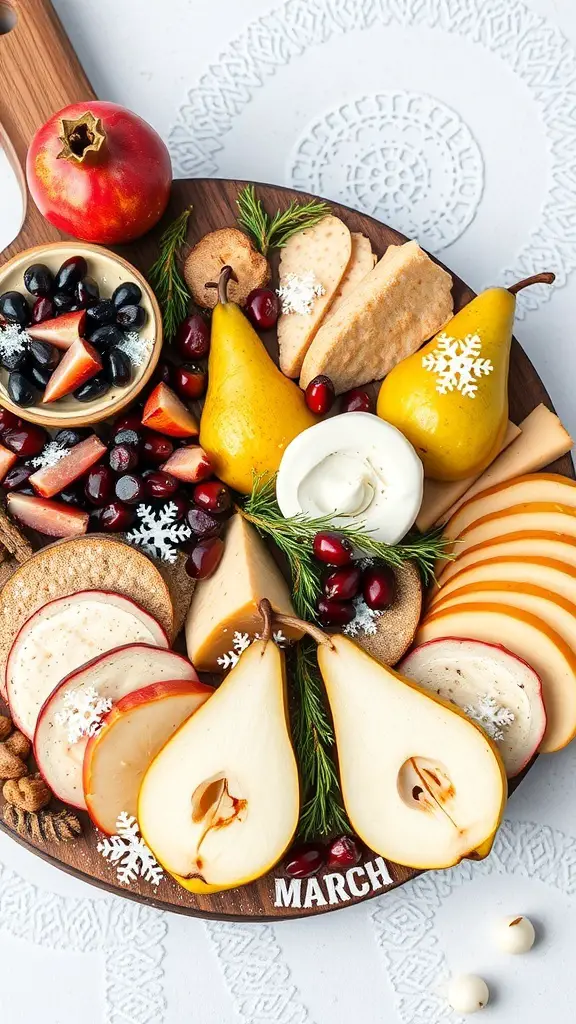 A winter-themed charcuterie board featuring pears, apples, pomegranate seeds, and festive decorations.