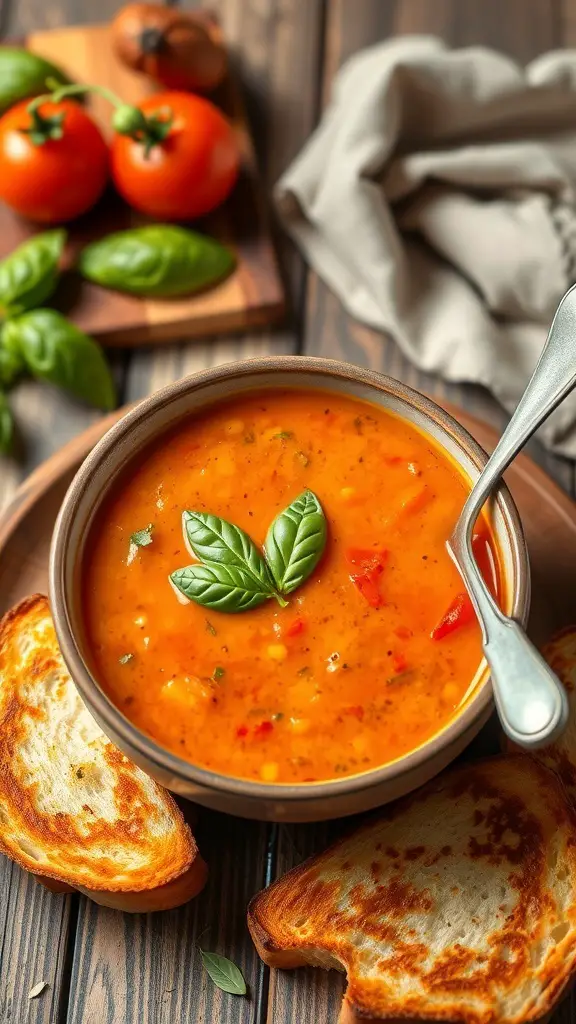 A bowl of creamy tomato basil soup with grilled cheese on the side, garnished with basil leaves.