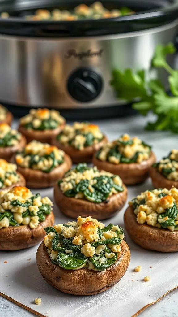 Crockpot Spinach and Cheese Stuffed Mushrooms ready to be served