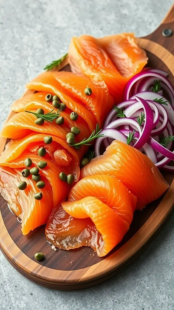 A wooden platter with sliced smoked salmon, red onions, and capers.