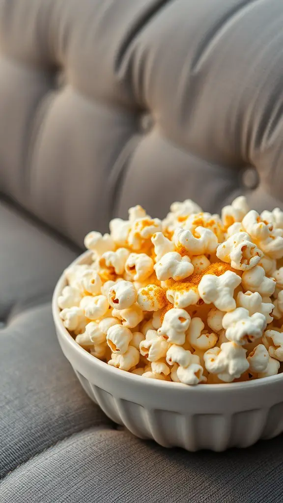 A bowl of air-popped popcorn sprinkled with nutritional yeast, sitting on a gray couch.