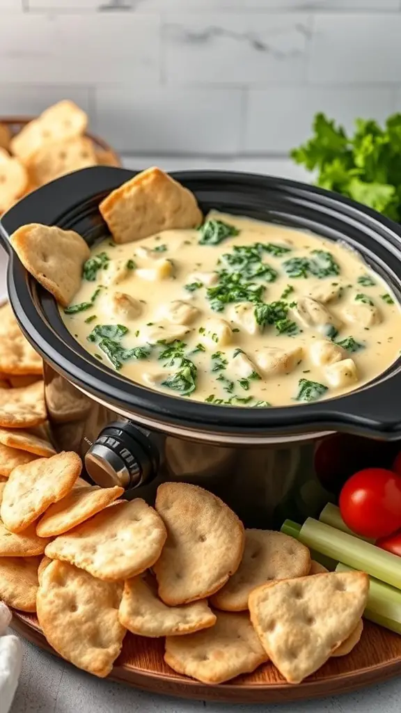 A crockpot filled with creamy spinach artichoke fondue, surrounded by pita chips and fresh vegetables.