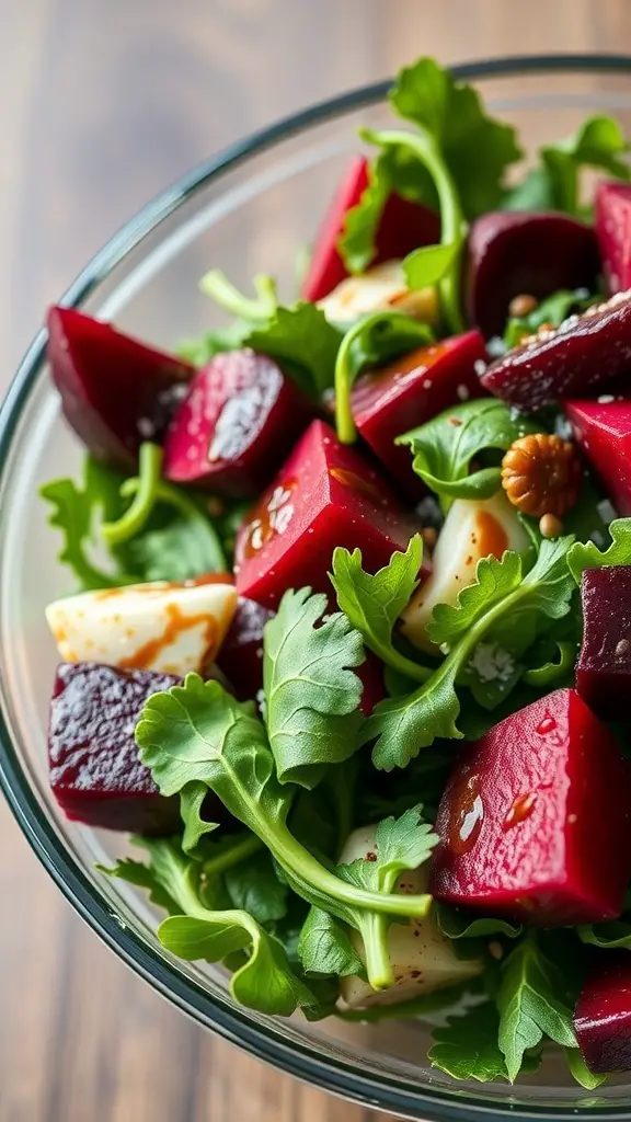 A bowl of roasted beet and arugula salad with chopped beets, arugula leaves, and a light dressing.