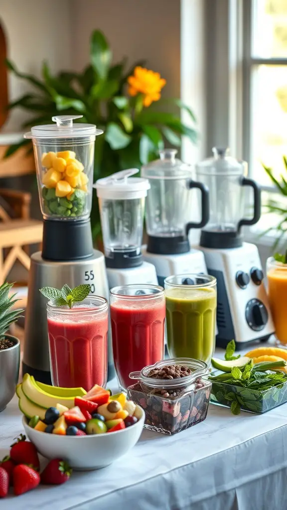 A smoothie station with blenders, colorful smoothies in glasses, fresh fruits, and toppings.