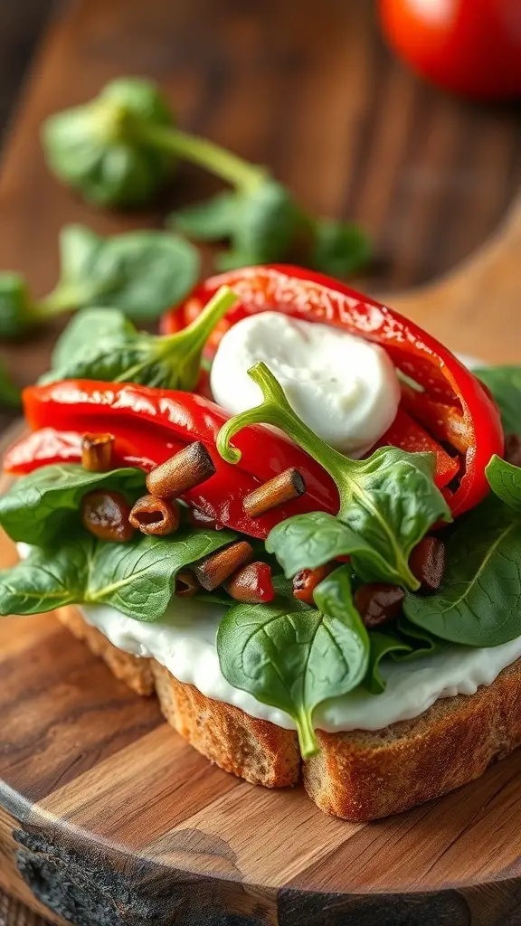 A delicious roasted red pepper and spinach sandwich on a wooden board.