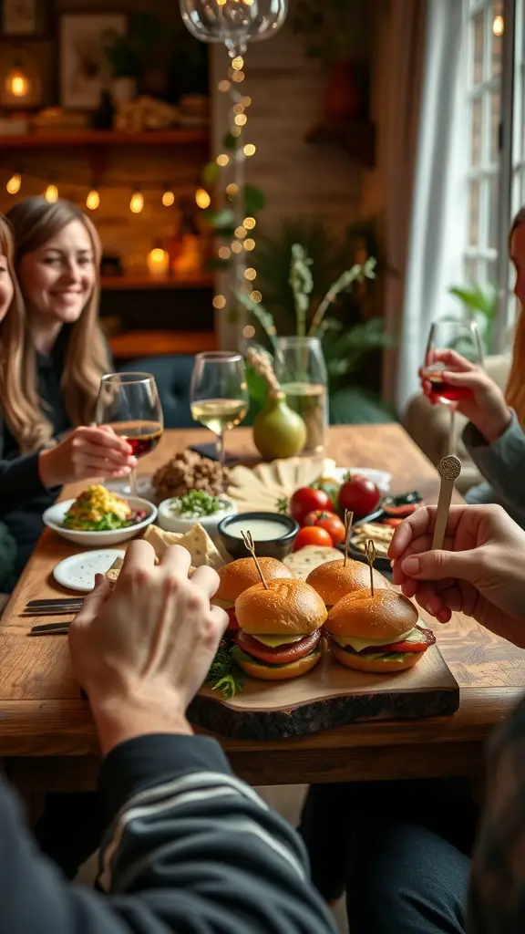 A cozy gathering with friends enjoying sliders and drinks on a charcuterie board.