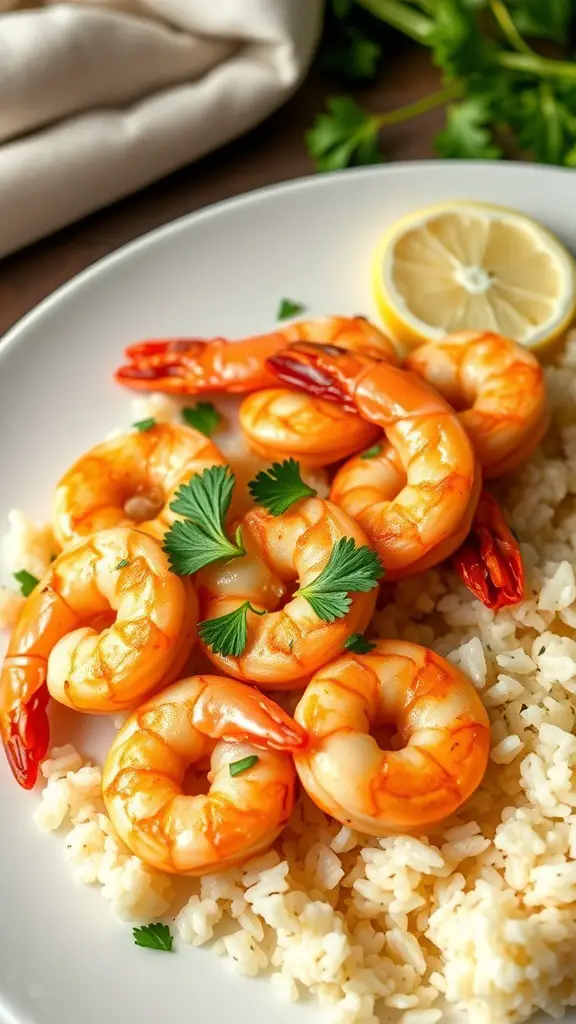 A plate of zesty lemon garlic shrimp served over rice with a lemon wedge and parsley garnish.
