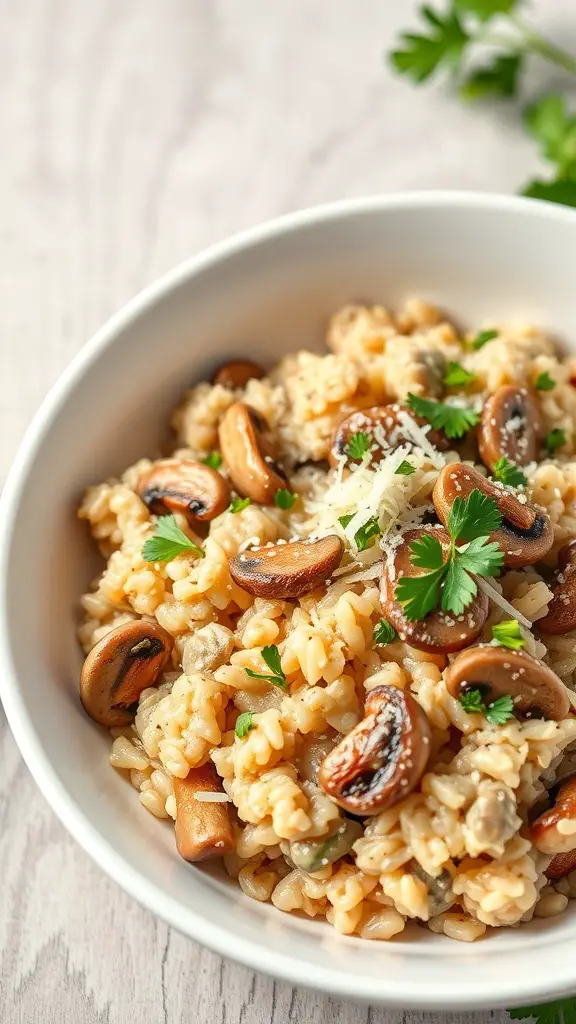 A bowl of creamy mushroom risotto garnished with parsley and mushrooms