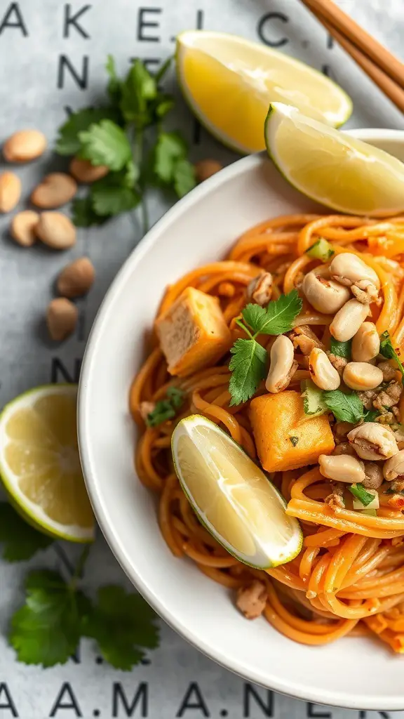A bowl of Vegan Pad Thai with Tofu, garnished with lime wedges, cilantro, and peanuts.