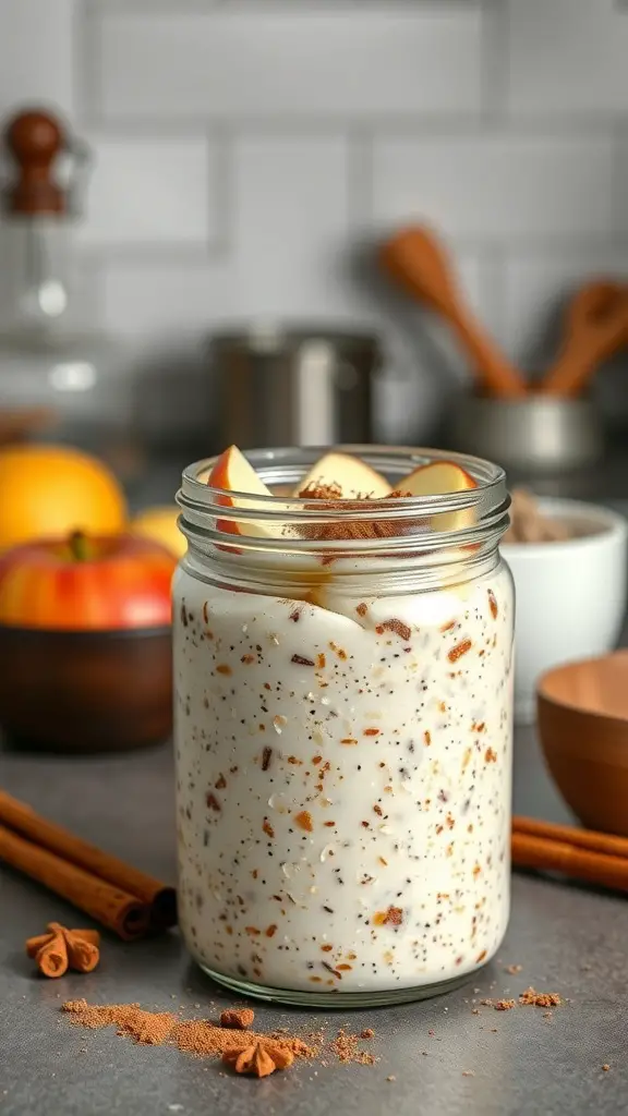 A jar of apple cinnamon overnight oats with sliced apples and cinnamon on top.