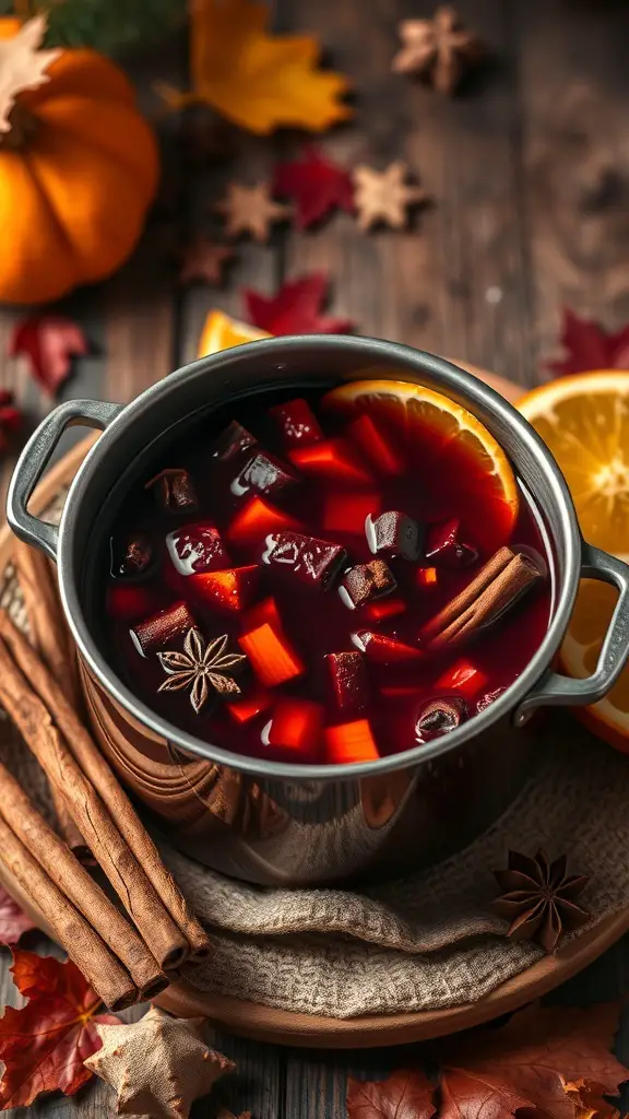 A pot of mulled wine with spices, surrounded by autumn leaves and a pumpkin.