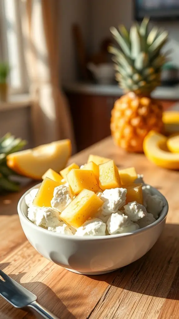 A bowl of cottage cheese topped with pineapple chunks, with fresh pineapples in the background.