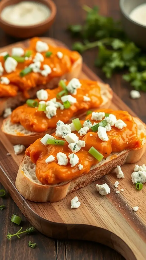 Buffalo Chicken Bruschetta on a wooden board with toppings