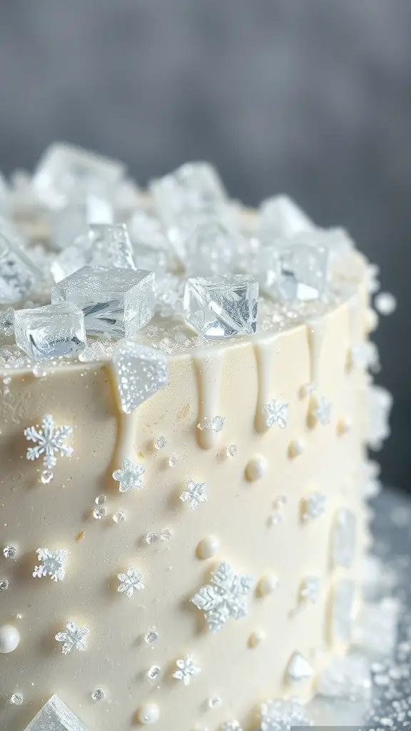 A beautifully decorated winter wonderland cake topped with sparkling sugar crystals and snowflake designs.