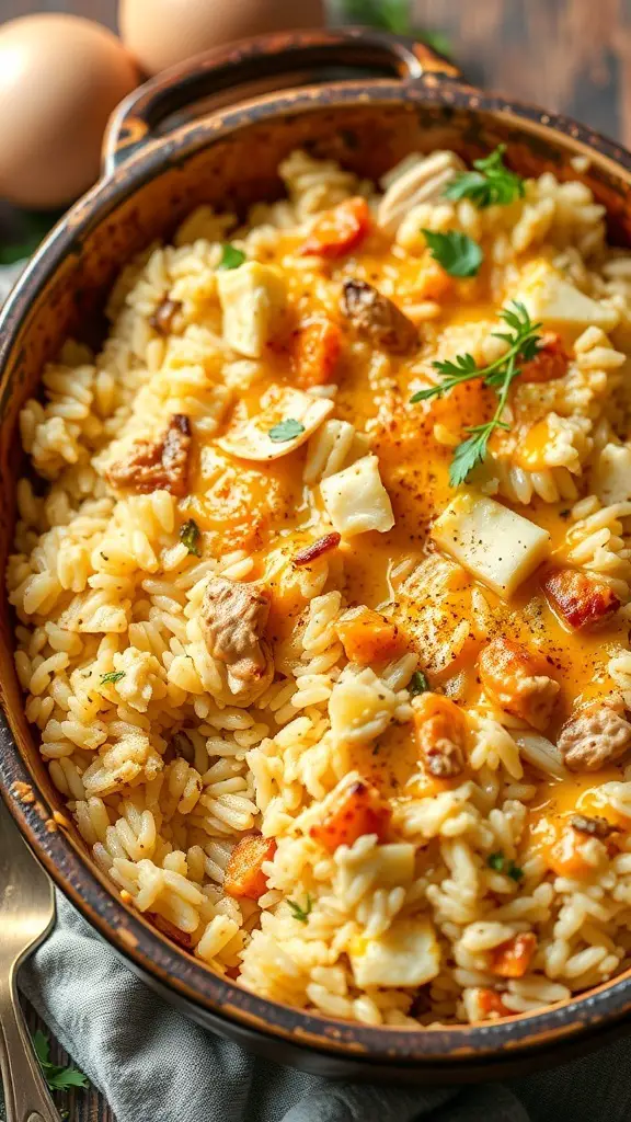 A delicious Chicken and Rice Casserole with cheese and vegetables