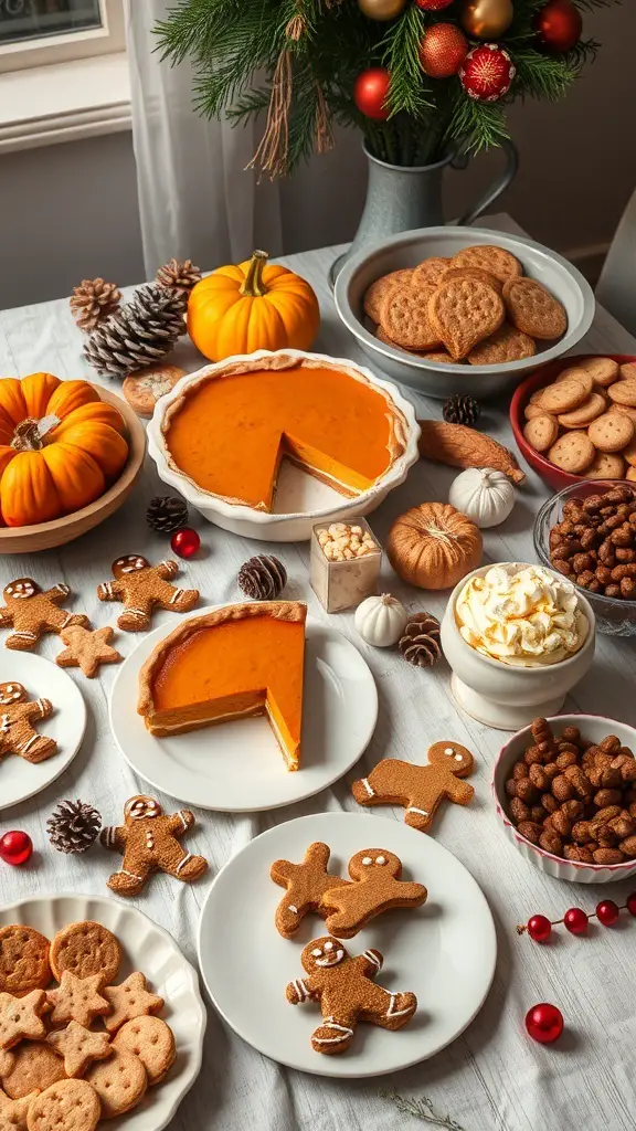 A festive table with pumpkin pie, gingerbread cookies, and seasonal decorations.