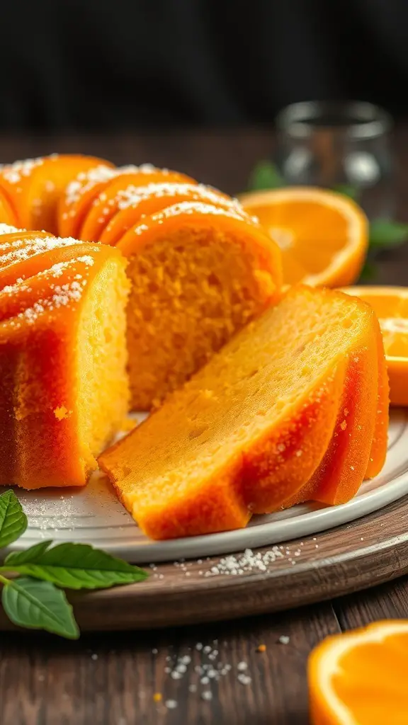 A vibrant orange cake with slices cut out, garnished with powdered sugar and fresh orange slices.