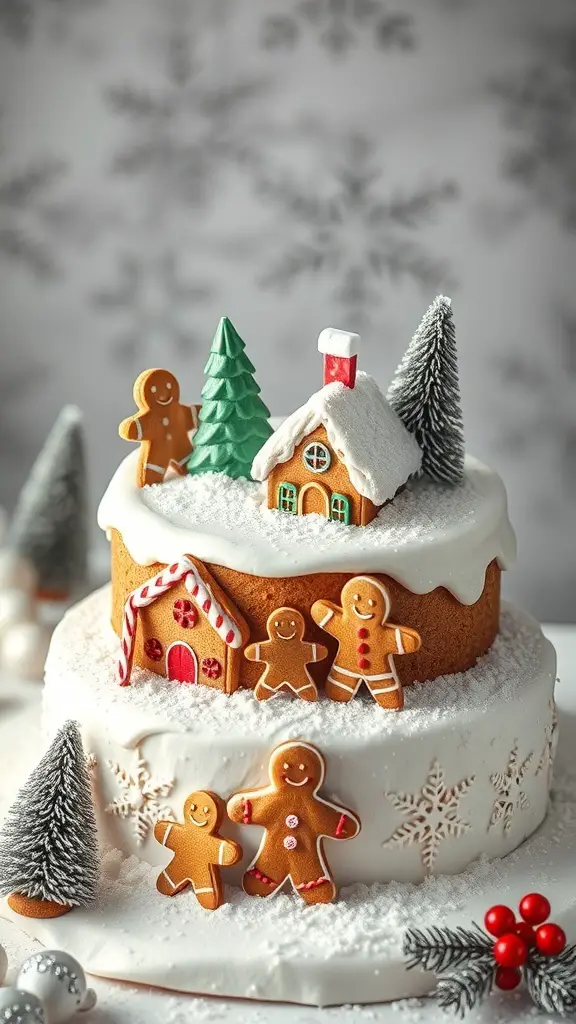 A beautifully decorated winter wonderland cake featuring gingerbread accents, frosted trees, and a snowy appearance.