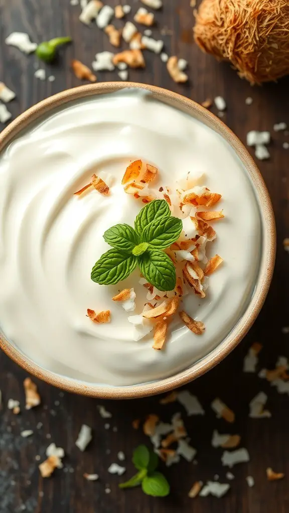 A bowl of creamy coconut condensed milk pudding topped with toasted coconut flakes and mint leaves.