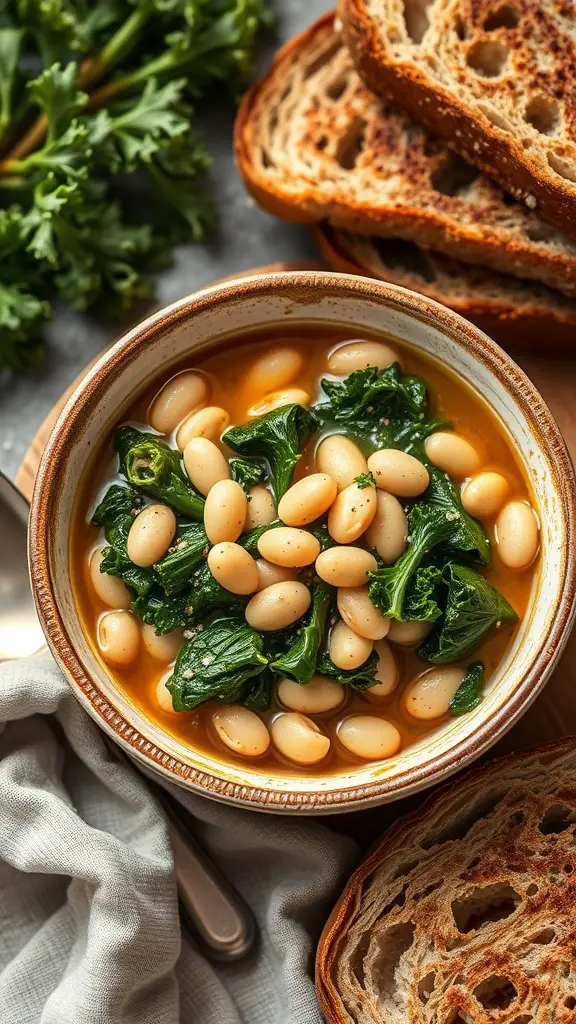 A bowl of Tuscan White Bean and Kale Stew with bread on the side