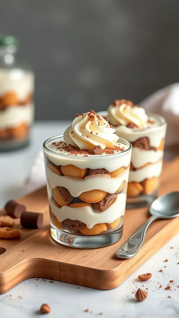 Two tiramisu cups layered with cream and cookies, topped with whipped cream and cocoa powder.