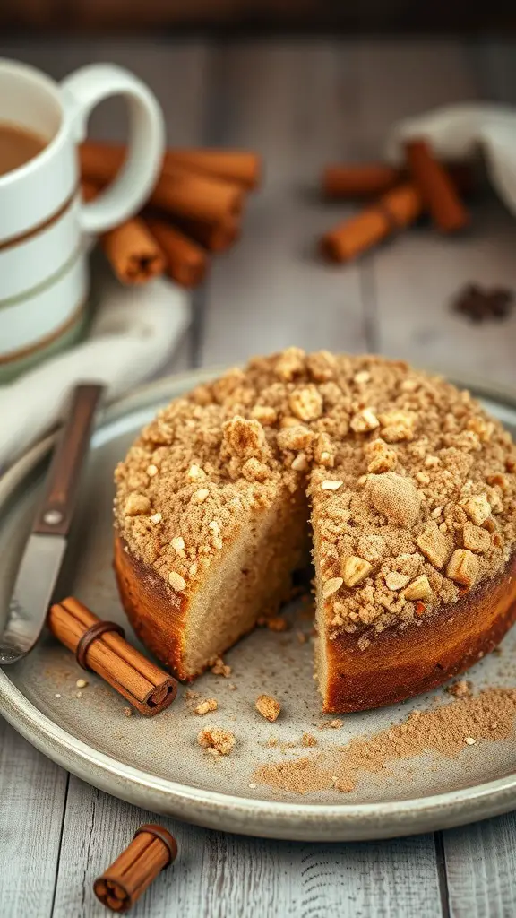 A slice of nutmeg and cinnamon coffee cake on a plate with a cup of coffee and cinnamon sticks in the background.