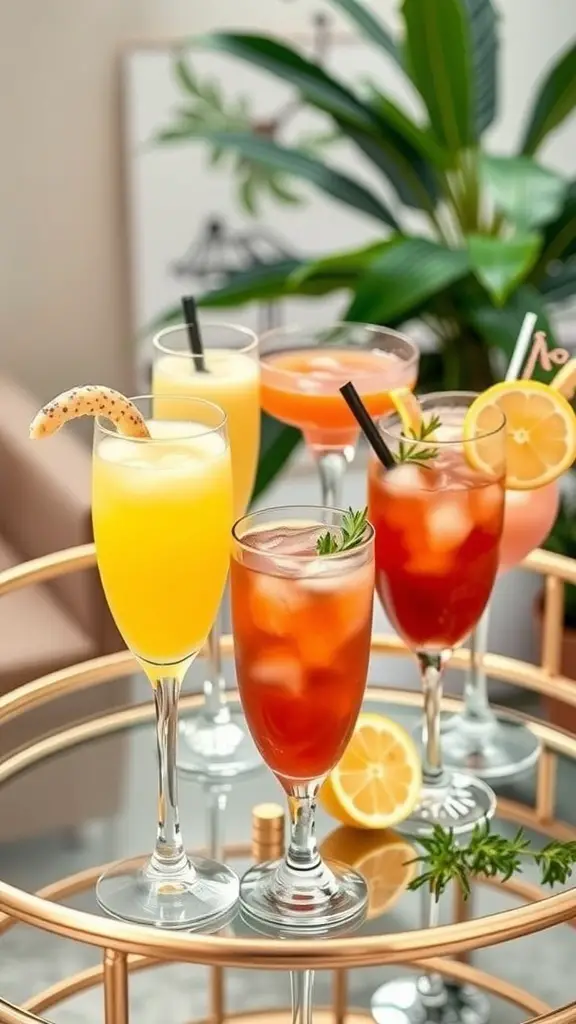 A variety of colorful brunch cocktails on a stylish table.