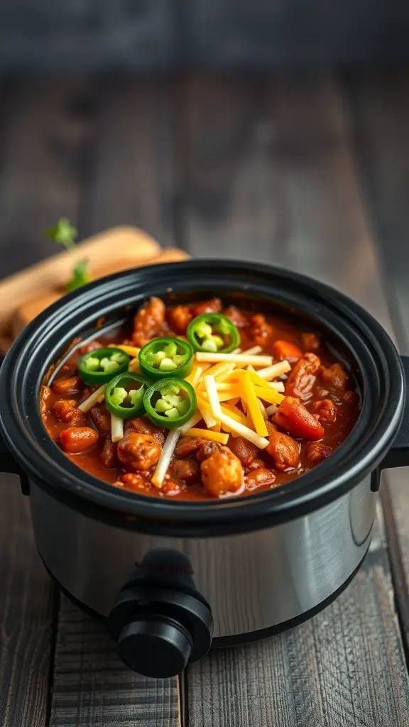 A mini crockpot filled with spicy chili topped with jalapeños and cheese.