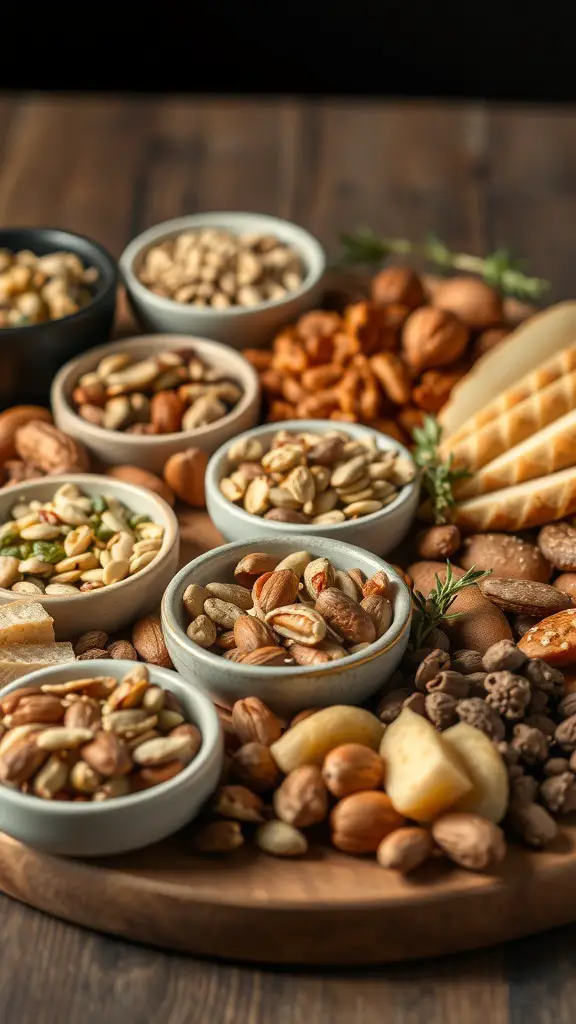 A variety of nuts and seeds displayed in small bowls on a wooden charcuterie board.
