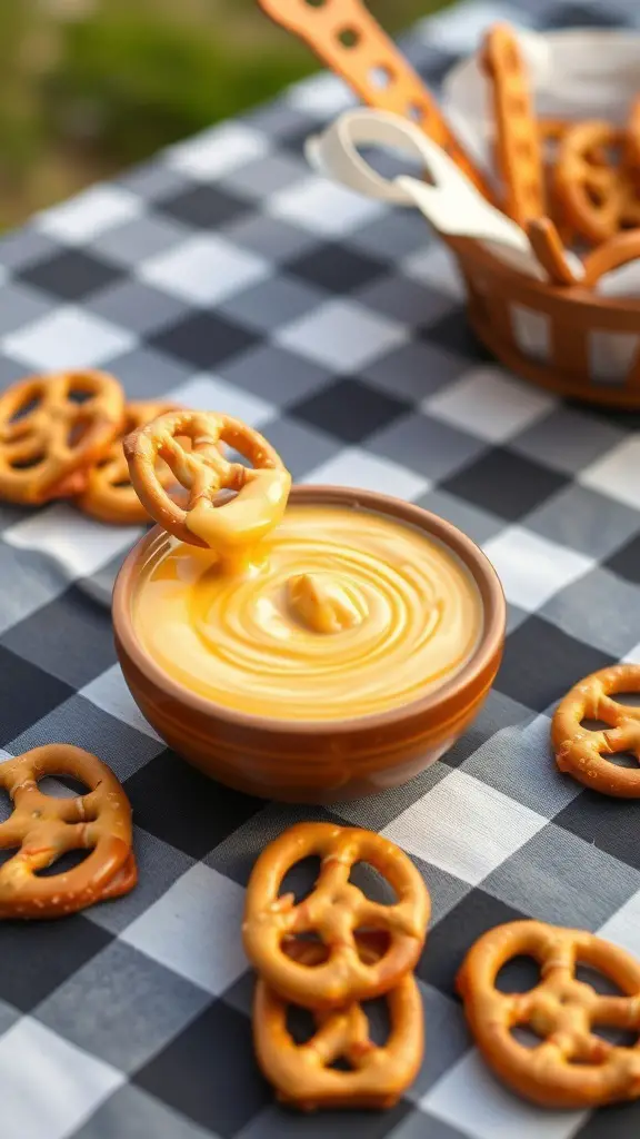 A bowl of honey mustard dip with pretzels on a checkered tablecloth.