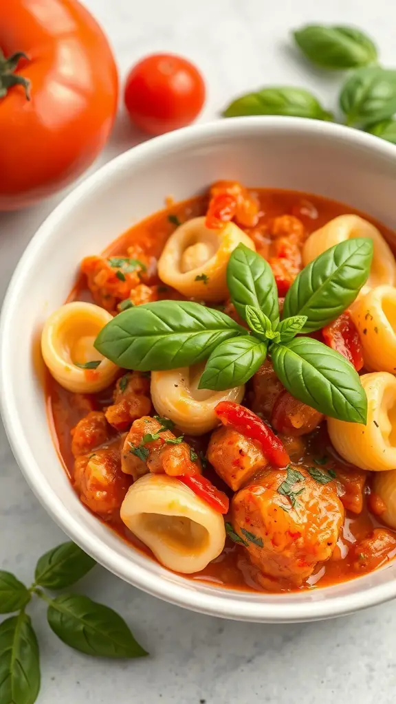 A bowl of tortellini in tomato basil sauce garnished with fresh basil leaves, with tomatoes and basil in the background.