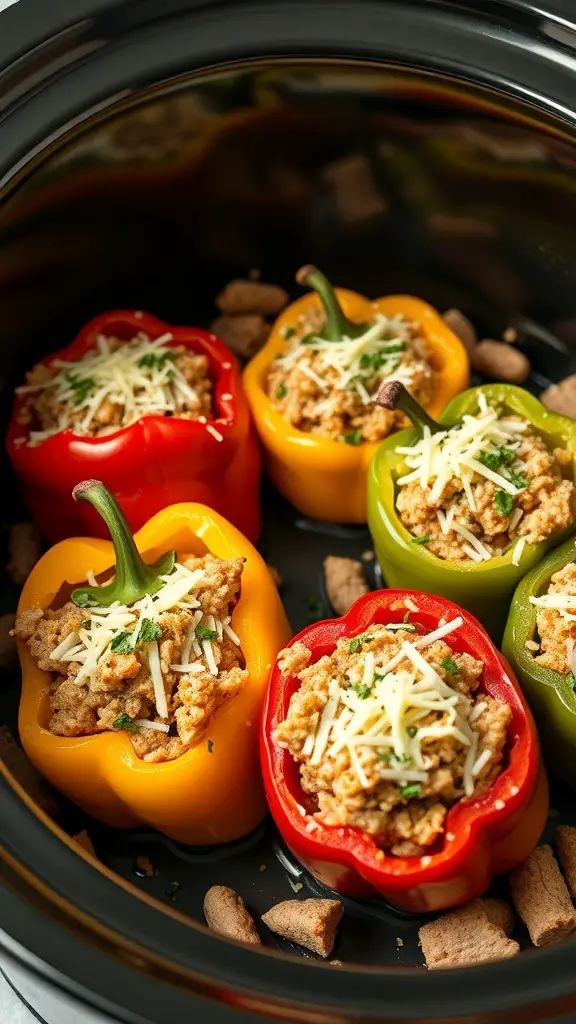 Colorful stuffed turkey peppers in a crockpot, topped with cheese.