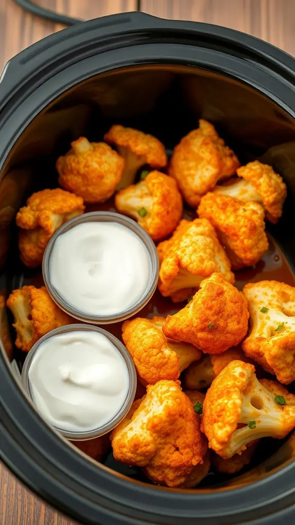 Crockpot filled with buffalo cauliflower bites and dipping sauce