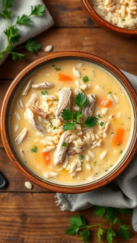 A bowl of creamy chicken and wild rice soup garnished with parsley, placed on a wooden table.