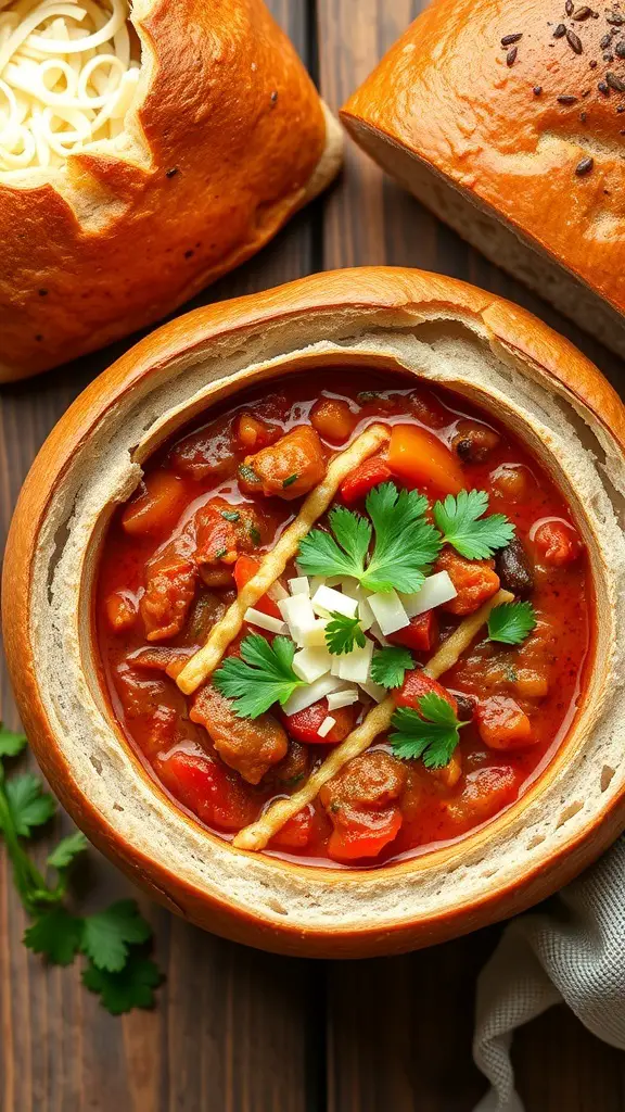 A bowl of vegetarian chili served in a bread bowl, garnished with cilantro and cheese.